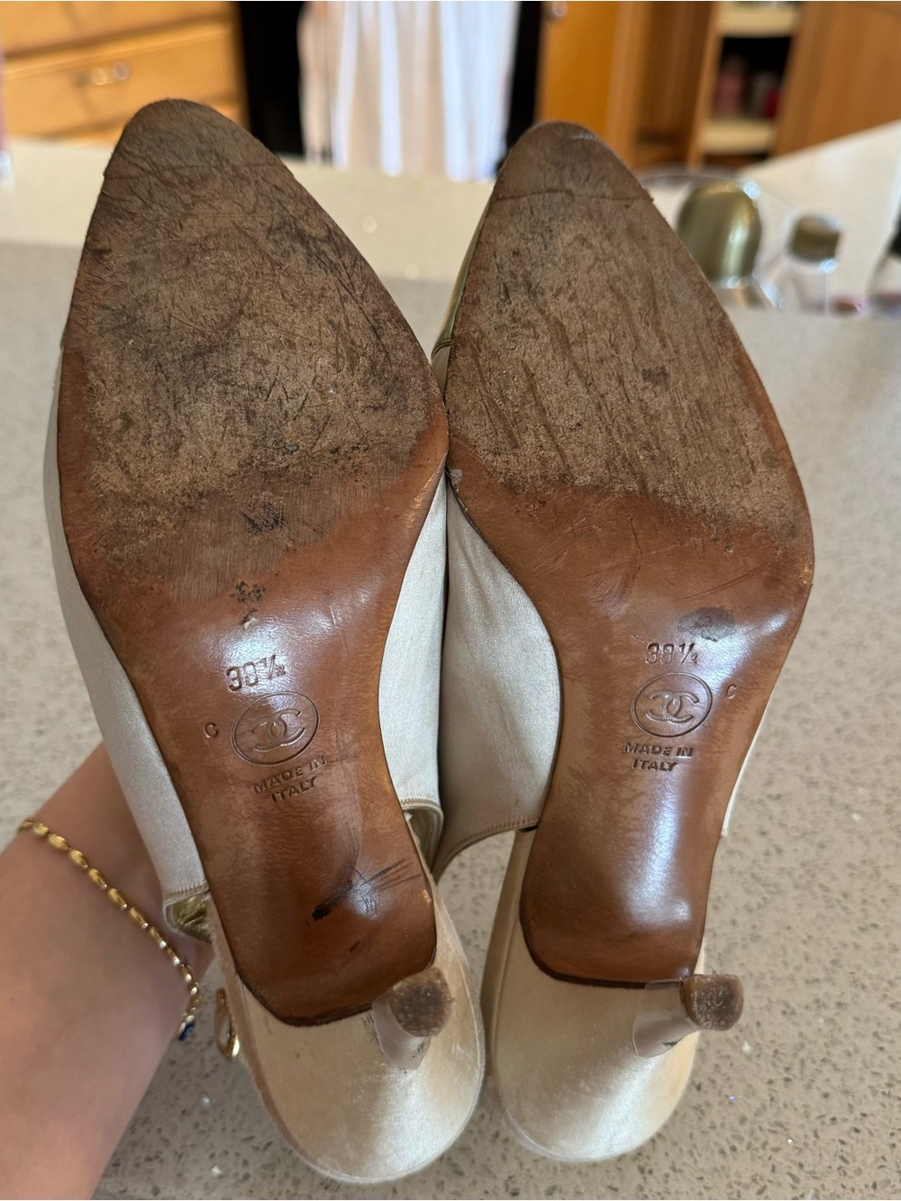 VINTAGE Chanel Champagne Satin and Gold Leather Slingback Pumps - Picture 2 of 8